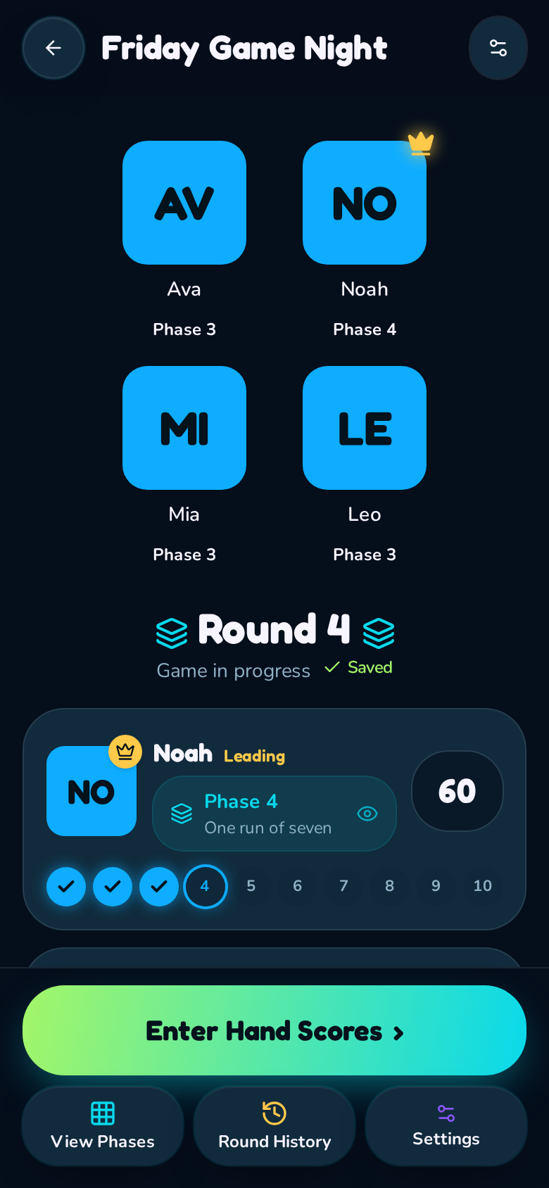 The real Roundfello live scoreboard: four players, their phases, scores and the Enter Hand Scores button